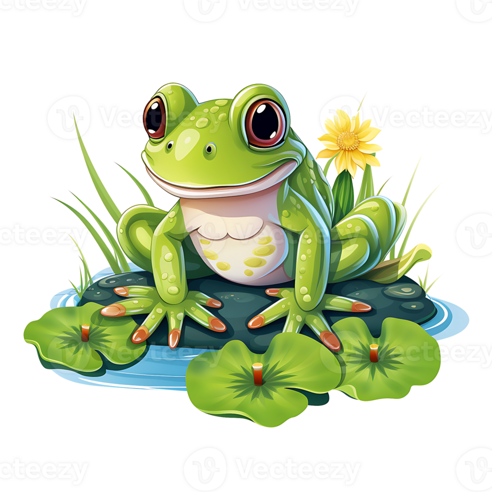 A cute frog seat on a lili flower leaf design, Ai Generated png