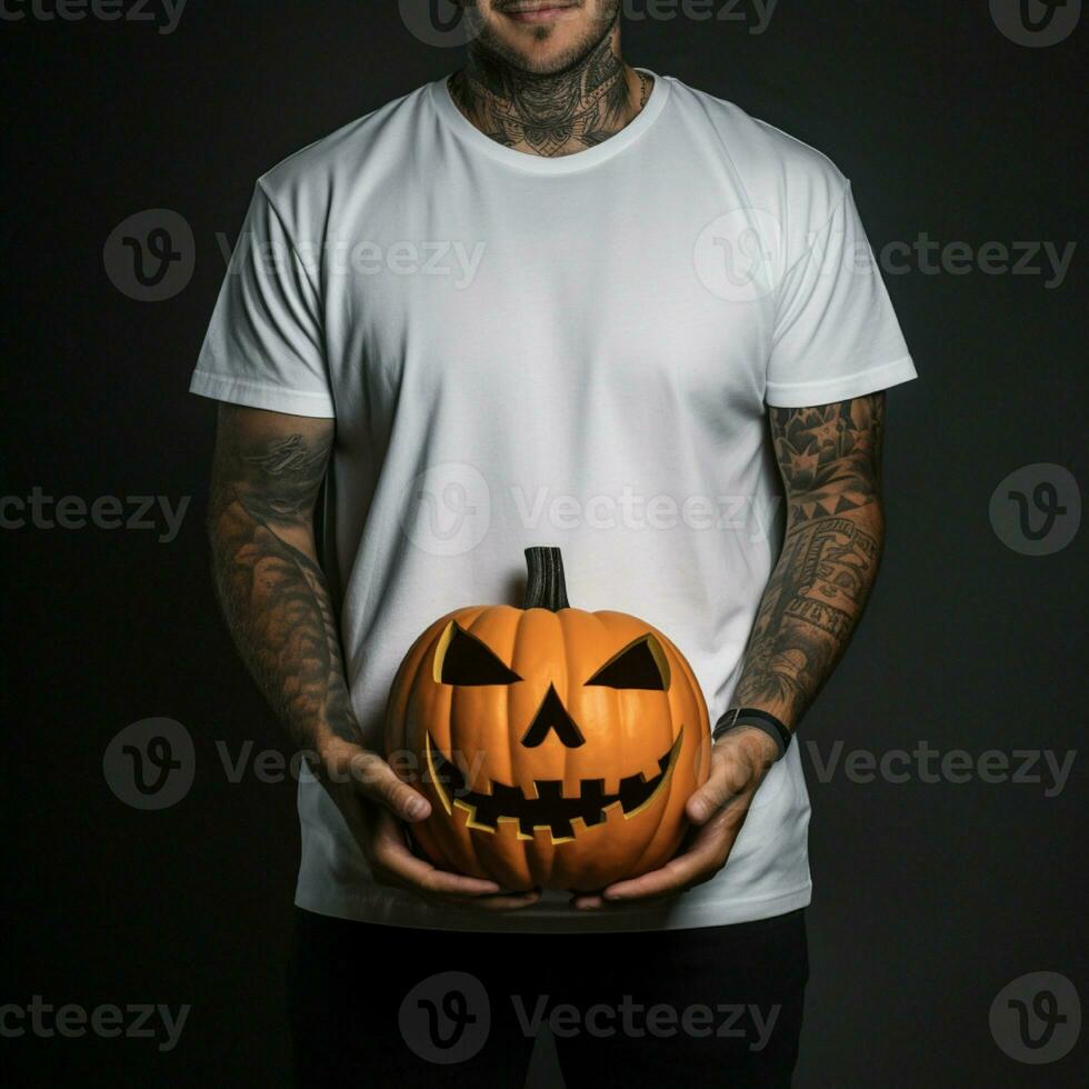 AI generative Photo of a man holding halloween pumpkin in hand, wearing a plain white t-shirt