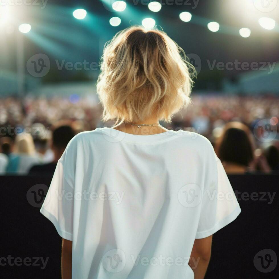 AI generated Girl model wearing white oversize t - shirt. music concert view. Back view. modern style photo