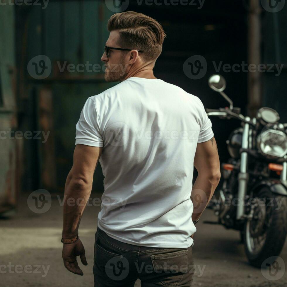 AI generative Photo of a man on the bike wearing a plain white t-shirt facing backwards