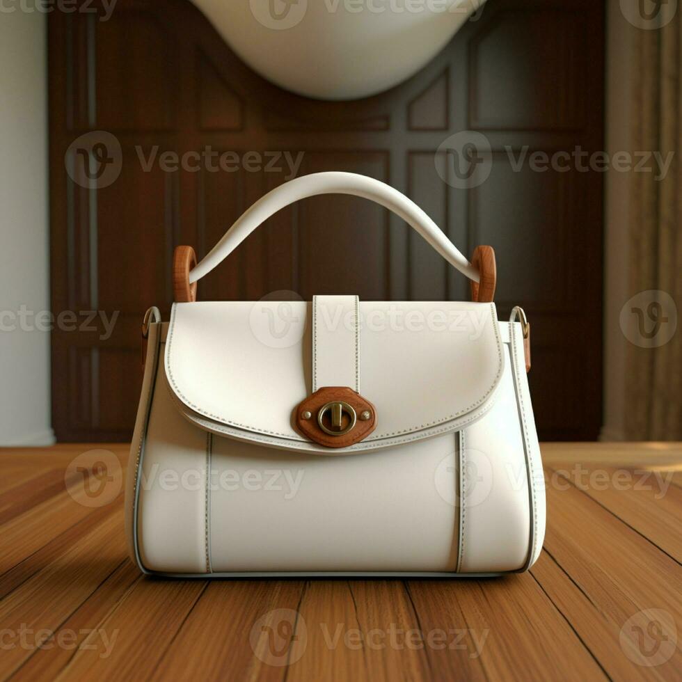 AI generative White woman bag on the wooden table, perfect to create mockup preview photo