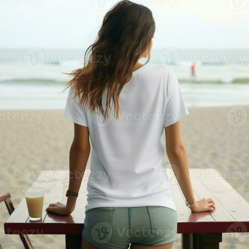 AI Generated Woman sit on the beach cafe, wearing a blank white t-shirt, facing backwards photo