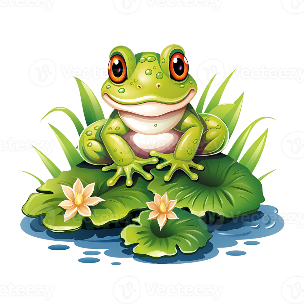 A cute frog seat on a lili flower leaf design, Ai Generated png