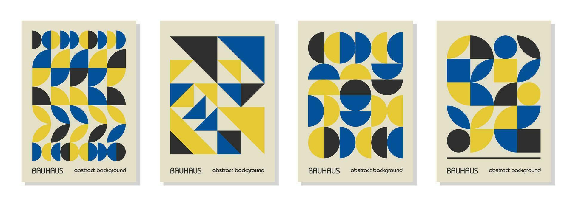 Set of 4 minimal vintage 20s geometric design posters, wall art, template, layout with primitive shapes elements. Bauhaus retro pattern vector background, blue, yellow and black Ukrainian flag colors