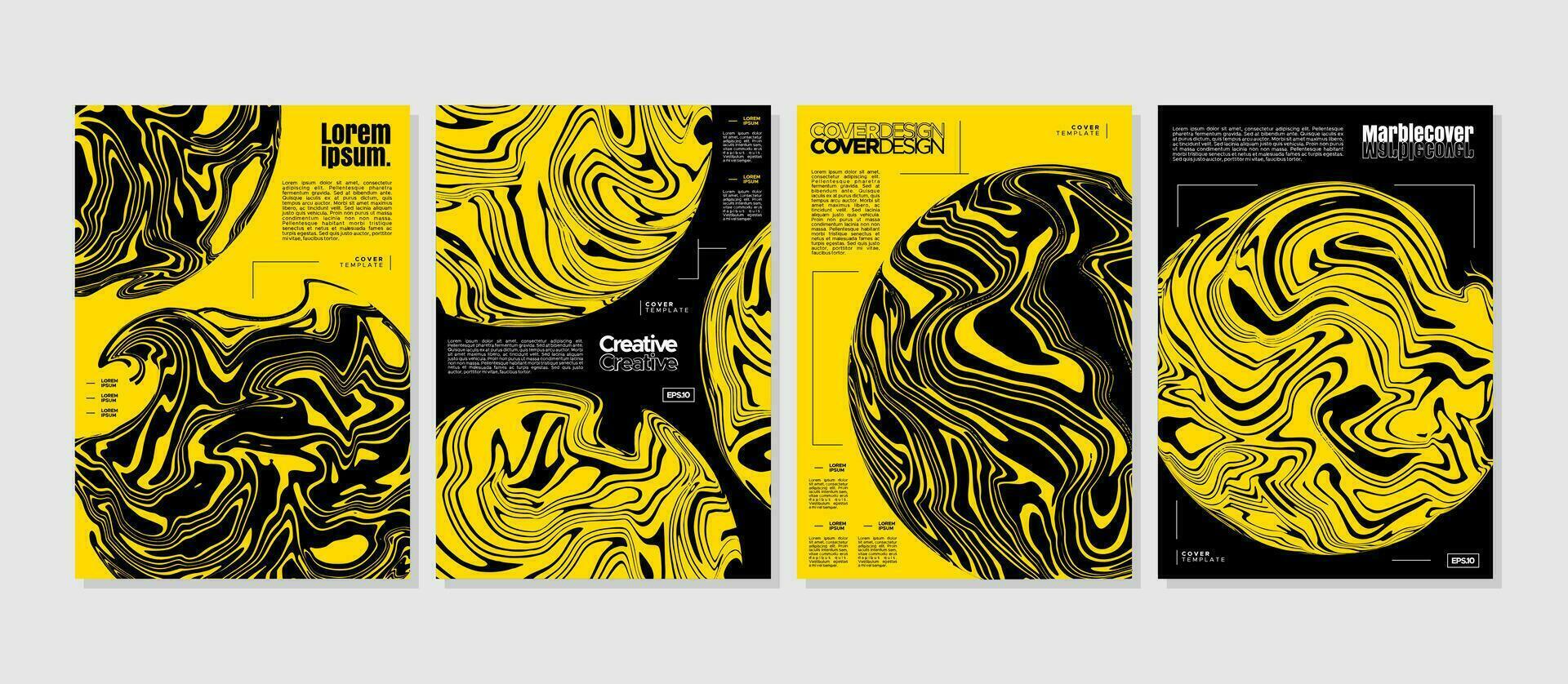 Set of yellow and black abstract marble circle poster cover design template. vector