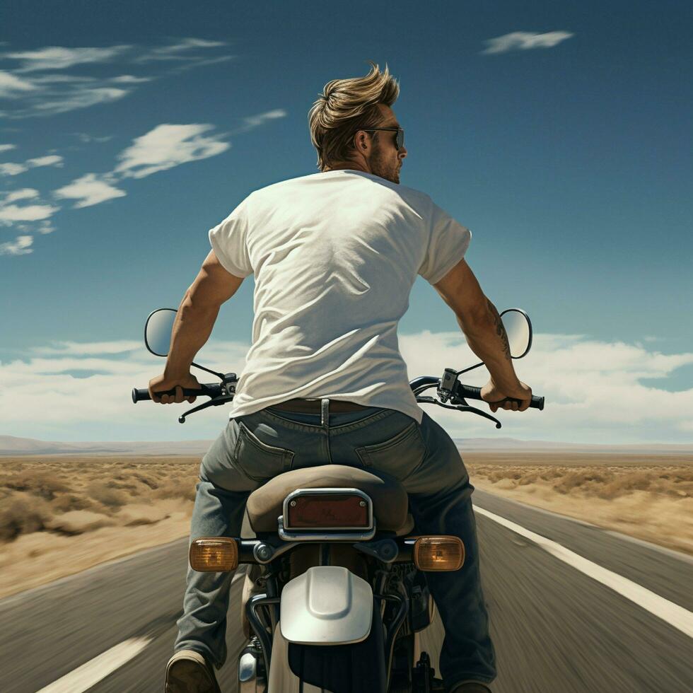 AI generative Photo of a man on the bike wearing a plain white t-shirt facing backwards