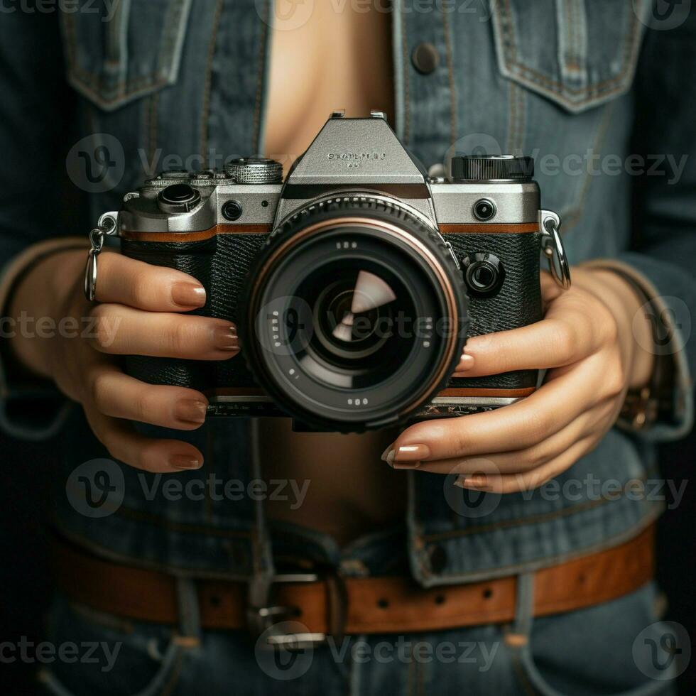 AI generative High quality photo of woman hand holding mirrorless camera