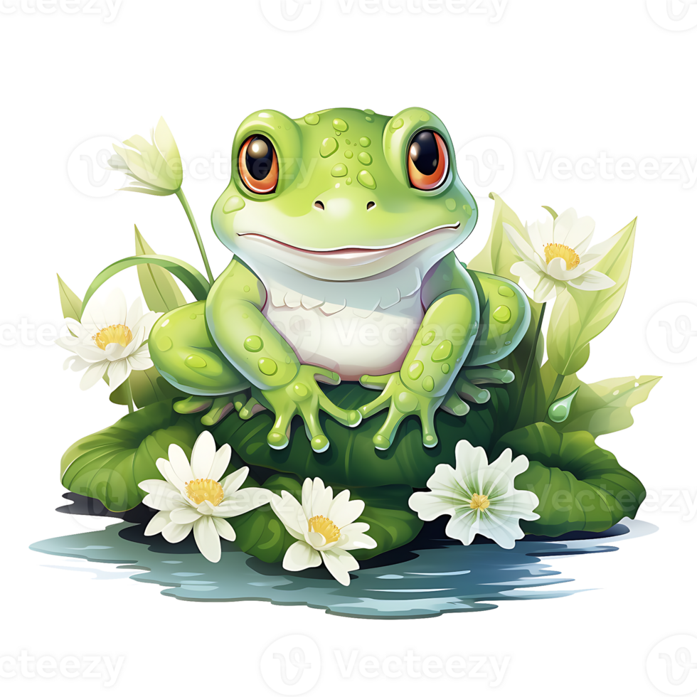 A cute frog seat on a lili flower leaf design, Ai Generated png