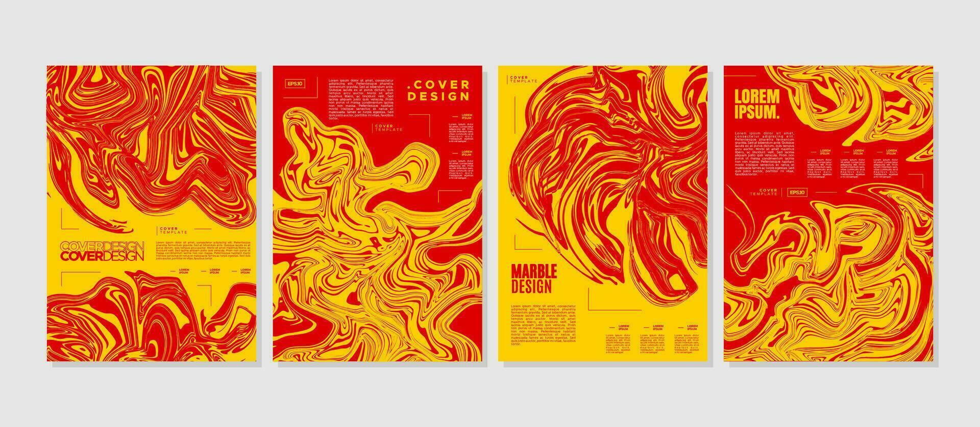 Red and yellow lava fluid stain abstract cover design. Liquid marble poster set. vector