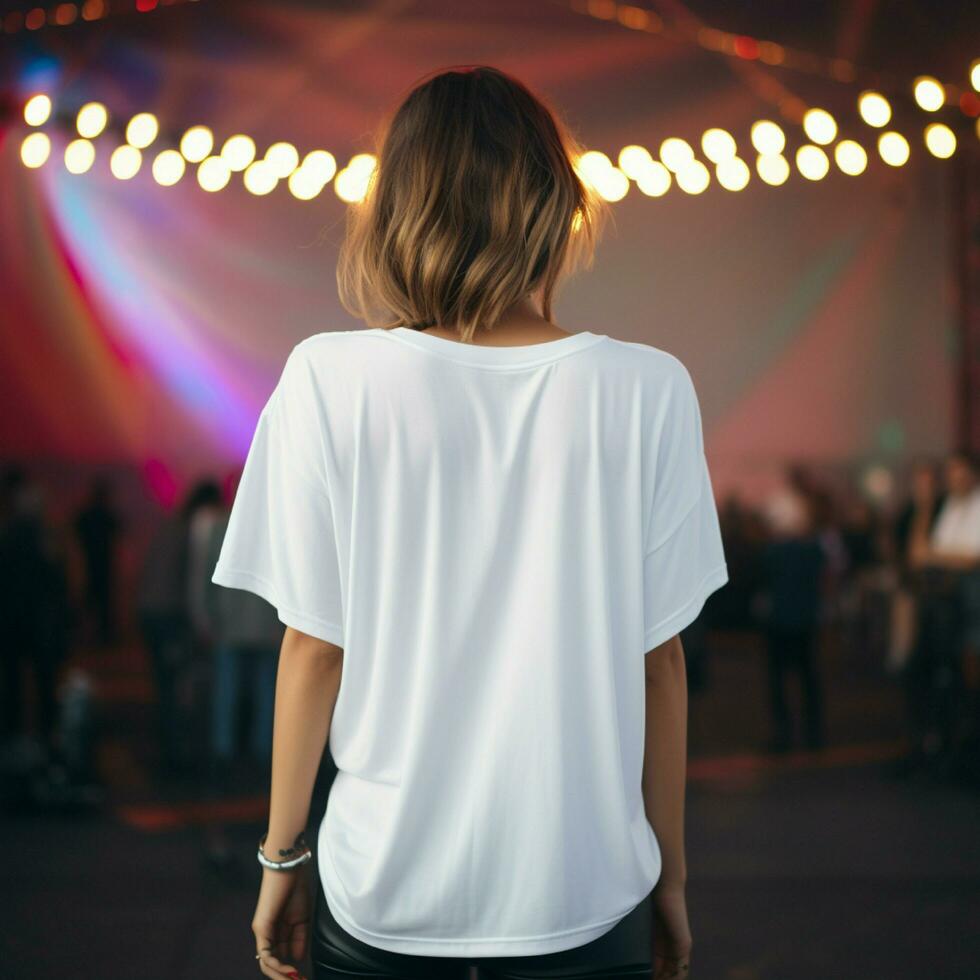 ai generado niña modelo vistiendo blanco demasiado grande t - camisa. música concierto vista. espalda vista. moderno estilo foto