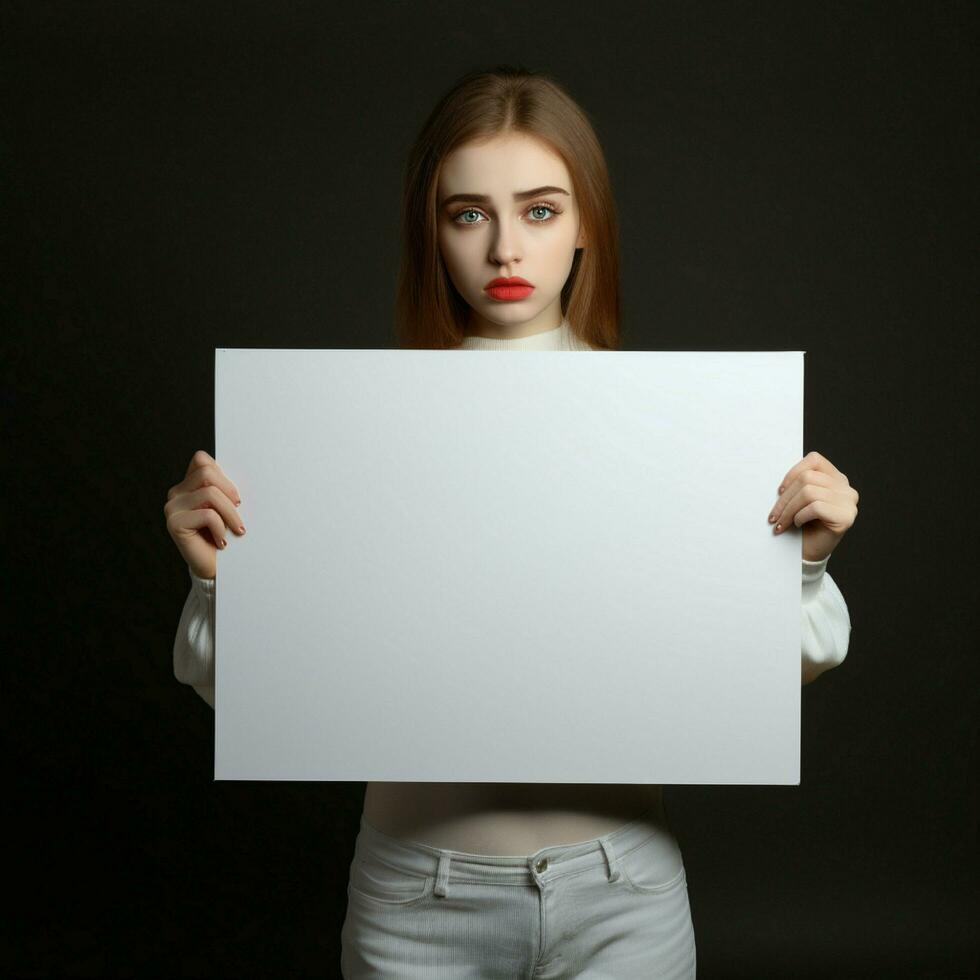 ai generado triste niña participación un blanco blanco tablero en oscuro antecedentes foto