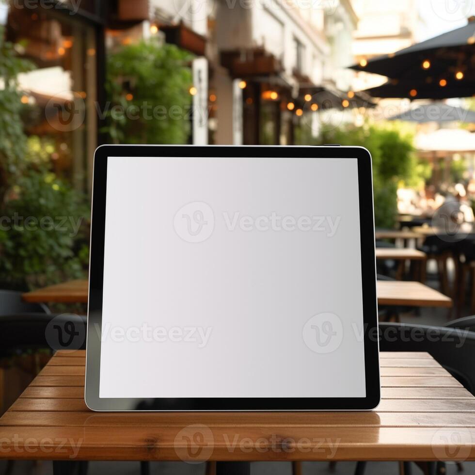 AI Generative High quality photo of big tablet with blank screen on the table, perfect to create mockup preview