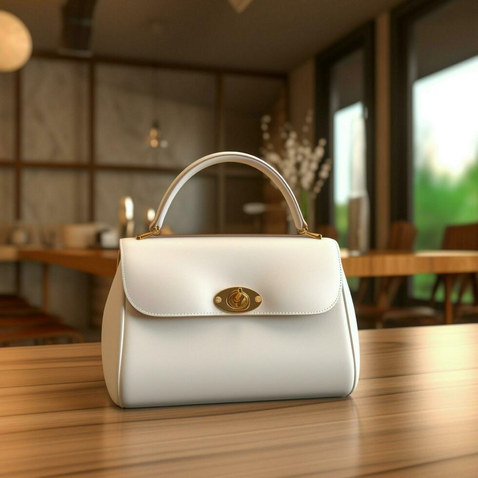 AI generative White woman bag on the wooden table, perfect to create mockup preview photo