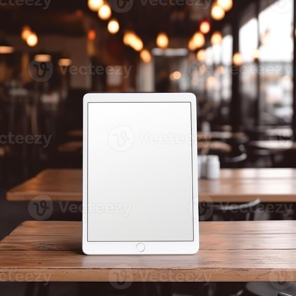 High quality photo of big tablet with blank screen on the table, perfect to create mockup preview