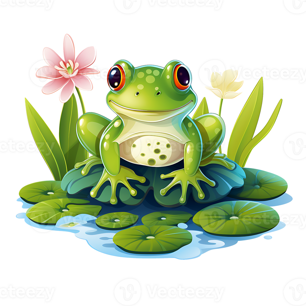 A cute frog seat on a lili flower leaf design, Ai Generated png
