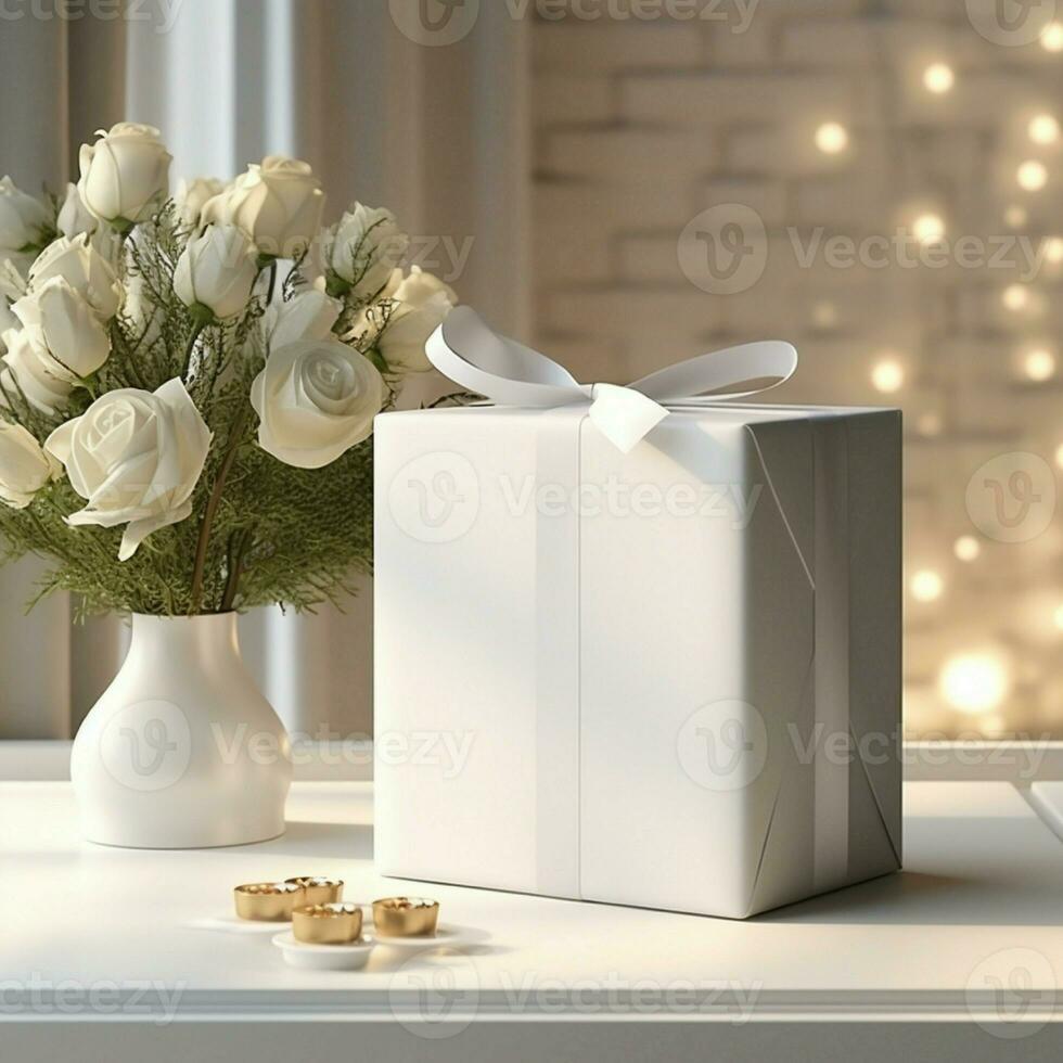 AI generative Blank gift box in white color on the table, perfect to create mockup preview photo