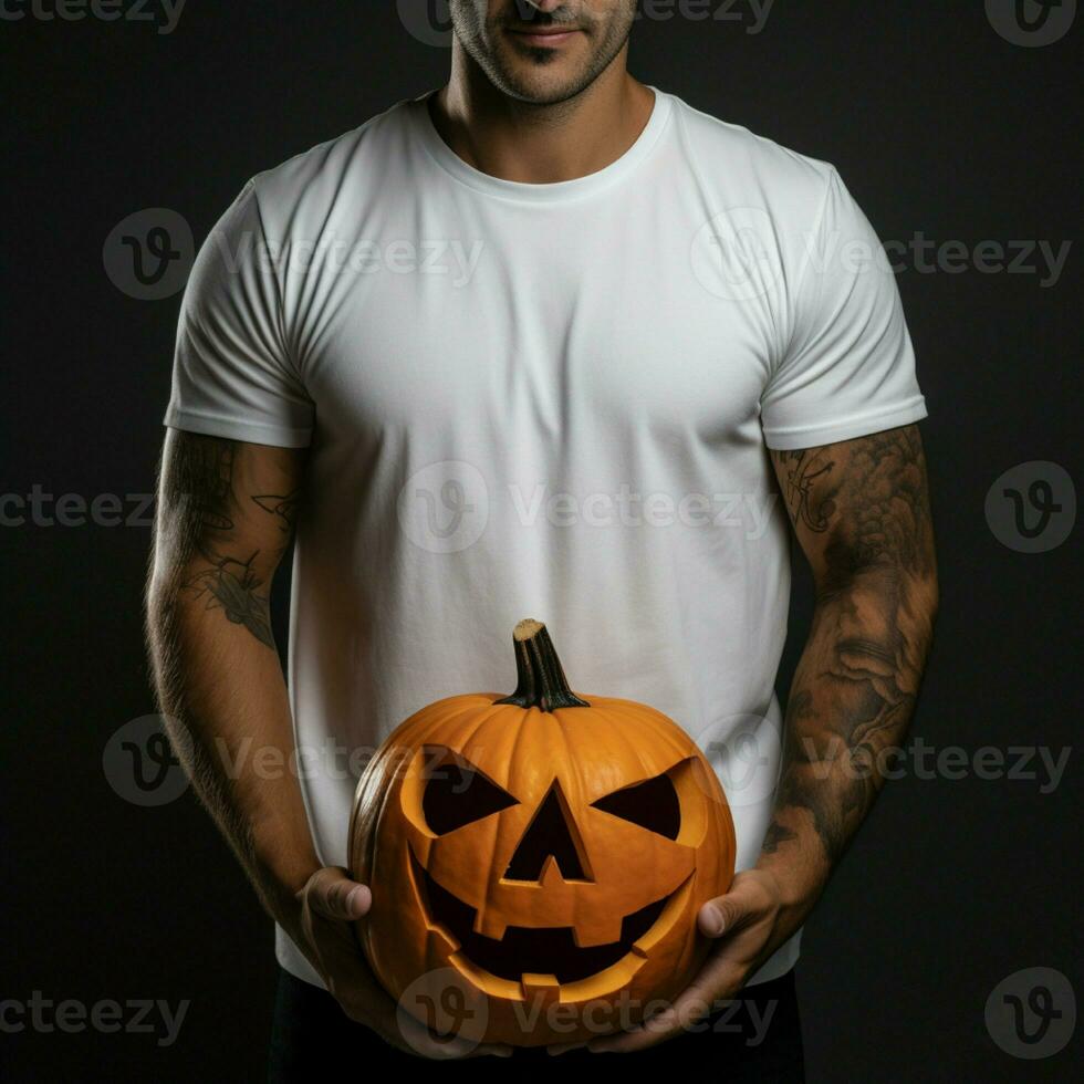 AI generative Photo of a man holding halloween pumpkin in hand, wearing a plain white t-shirt