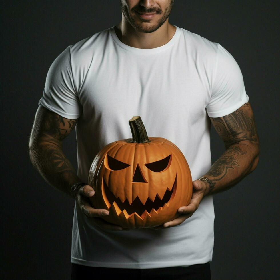 AI generative Photo of a man holding halloween pumpkin in hand, wearing a plain white t-shirt