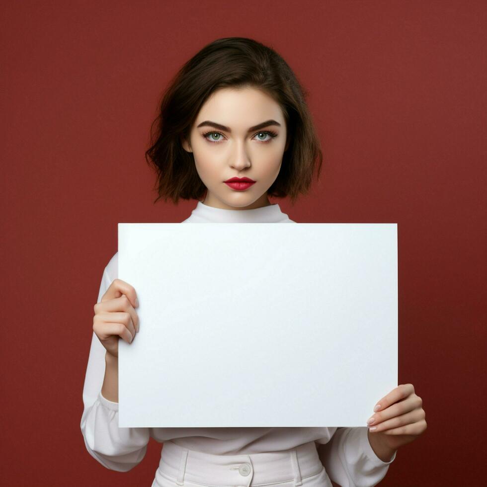 ai generado triste niña participación un blanco blanco tablero en oscuro antecedentes foto