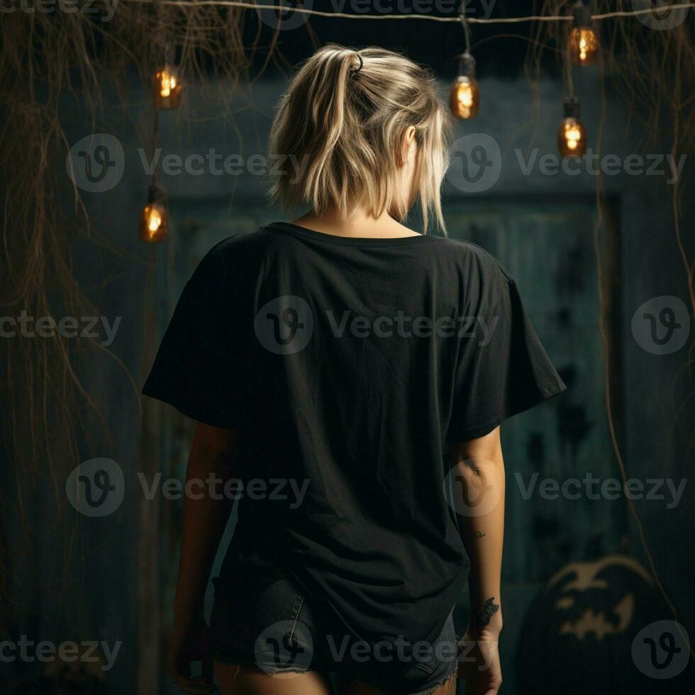 AI generated Girl model wearing black oversize t - shirt. halloween theme. Back view. modern style photo