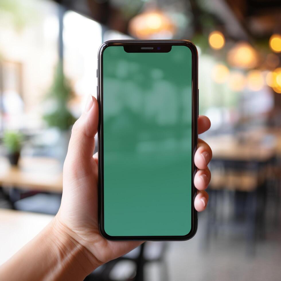 Women hand holding smart phone with the screen is blank plain bright green, blur cafe background photo