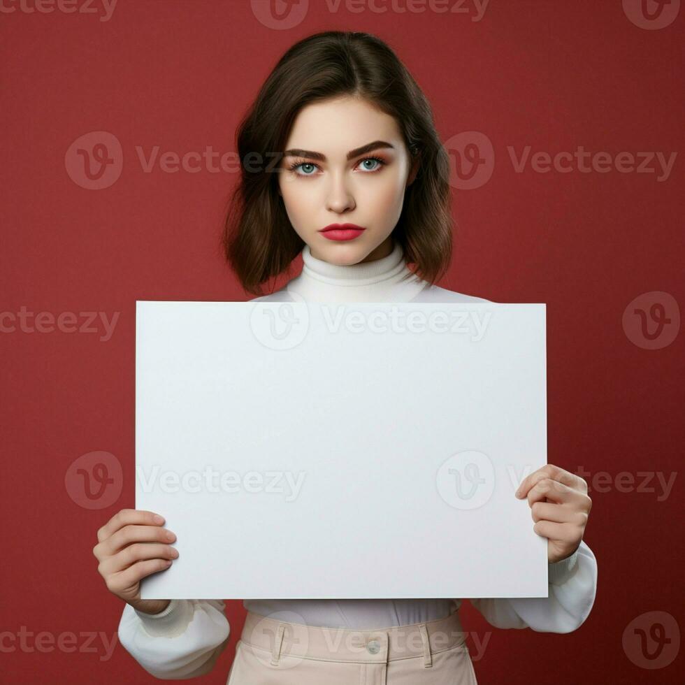 AI generated Sad girl holding a blank white board photo