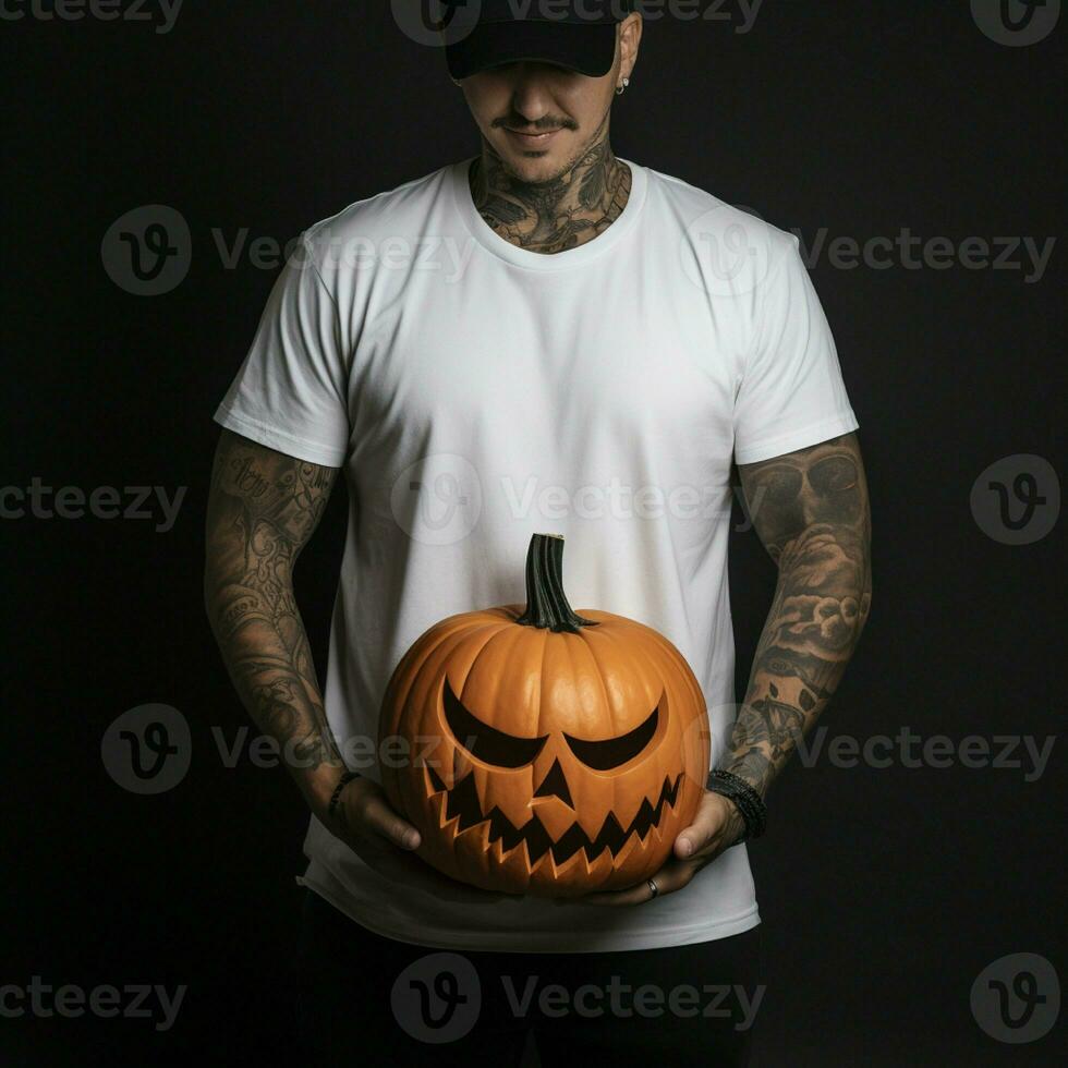 AI generative Photo of a man holding halloween pumpkin in hand, wearing a plain white t-shirt