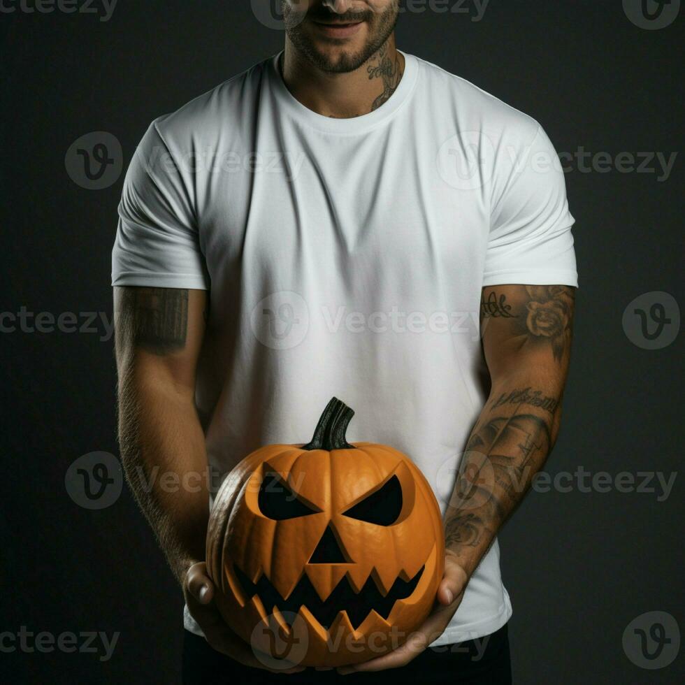 AI generative Photo of a man holding halloween pumpkin in hand, wearing a plain white t-shirt