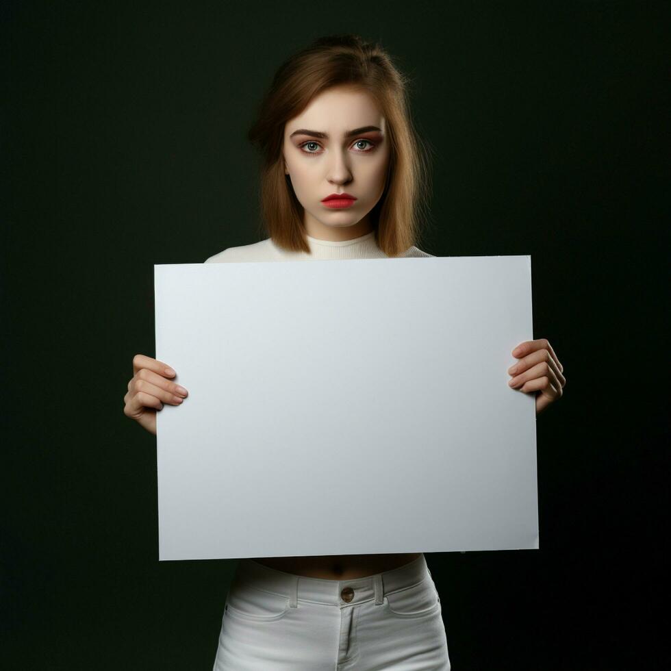 AI generated Sad girl holding a blank white board in dark background photo