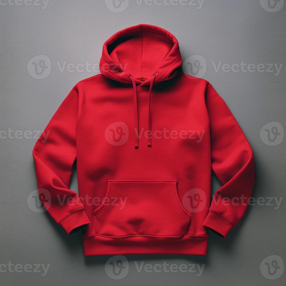 Blank red hoodie lying on the table, photographed from above photo