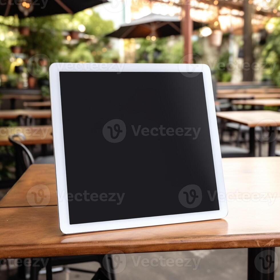 High quality photo of big tablet with blank screen on the table, perfect to create mockup preview