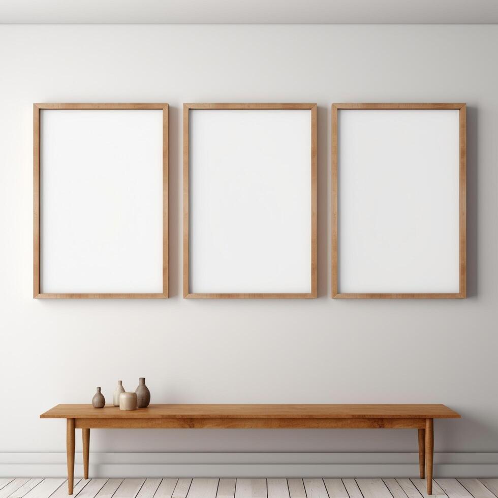 Real photo of white blank wood frame hung on the walls, hyper realistic