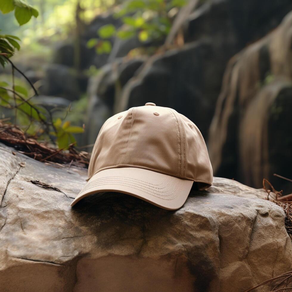 Photo of blank light brown baseball hat, ultra realistic, 8K, suitable to create hat mockup or cap mockup