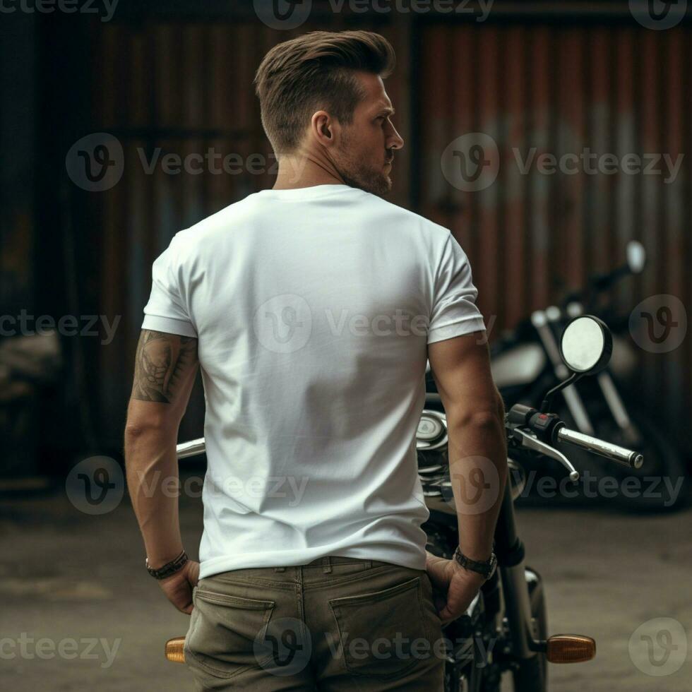 AI generative Photo of a man on the bike wearing a plain white t-shirt facing backwards
