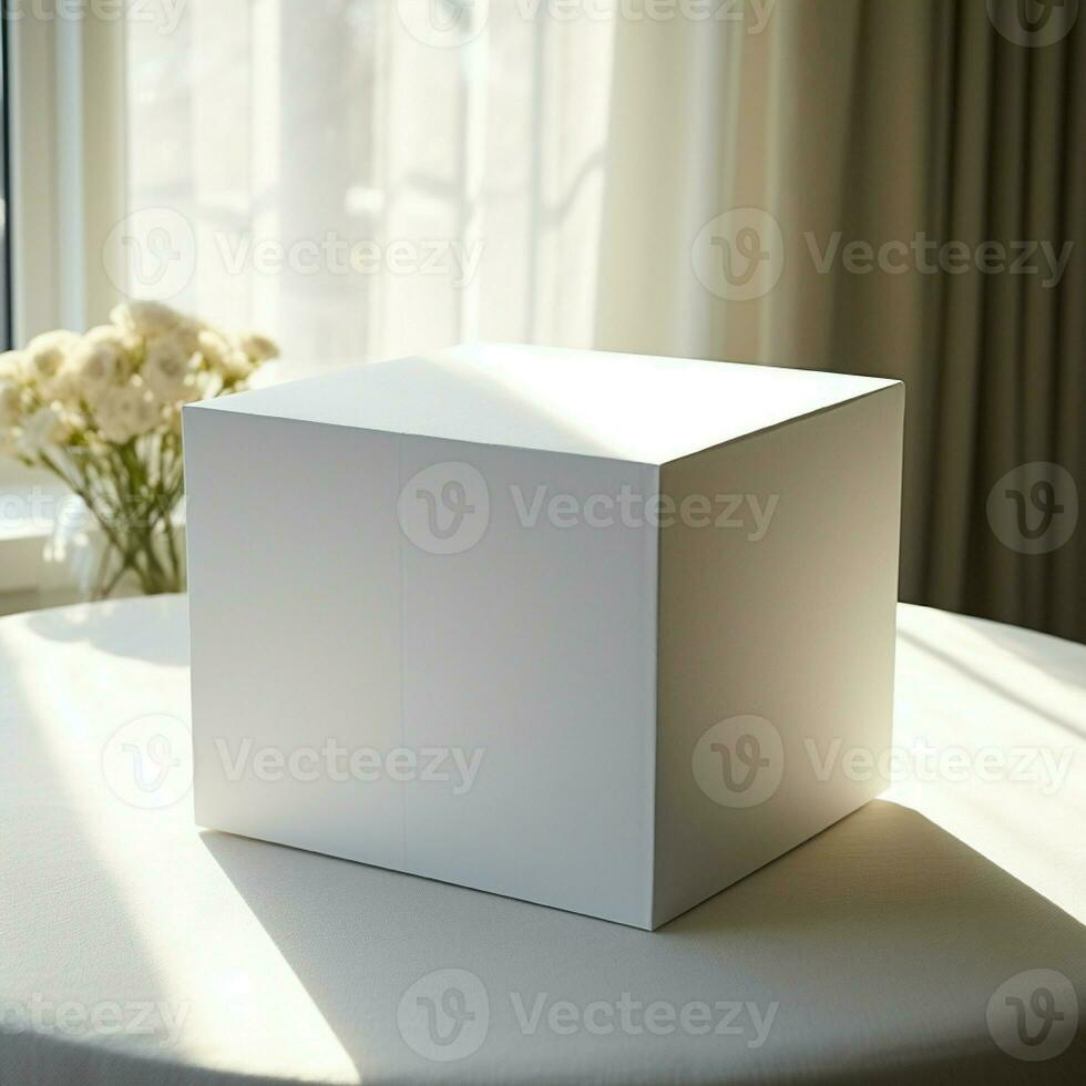 ai generativo blanco regalo caja en blanco color en el mesa, Perfecto a crear Bosquejo avance foto