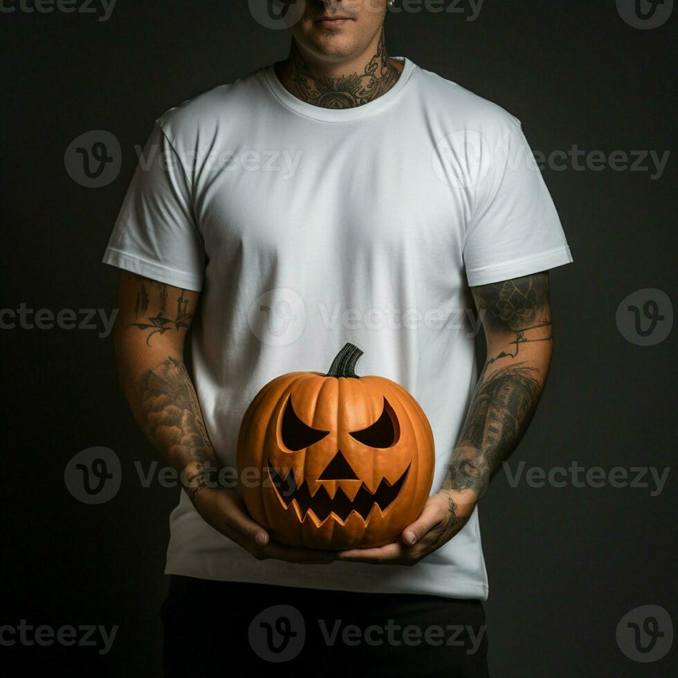 AI generative Photo of a man holding halloween pumpkin in hand, wearing a plain white t-shirt