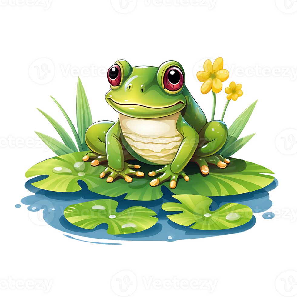 A cute frog seat on a lili flower leaf design, Ai Generated png