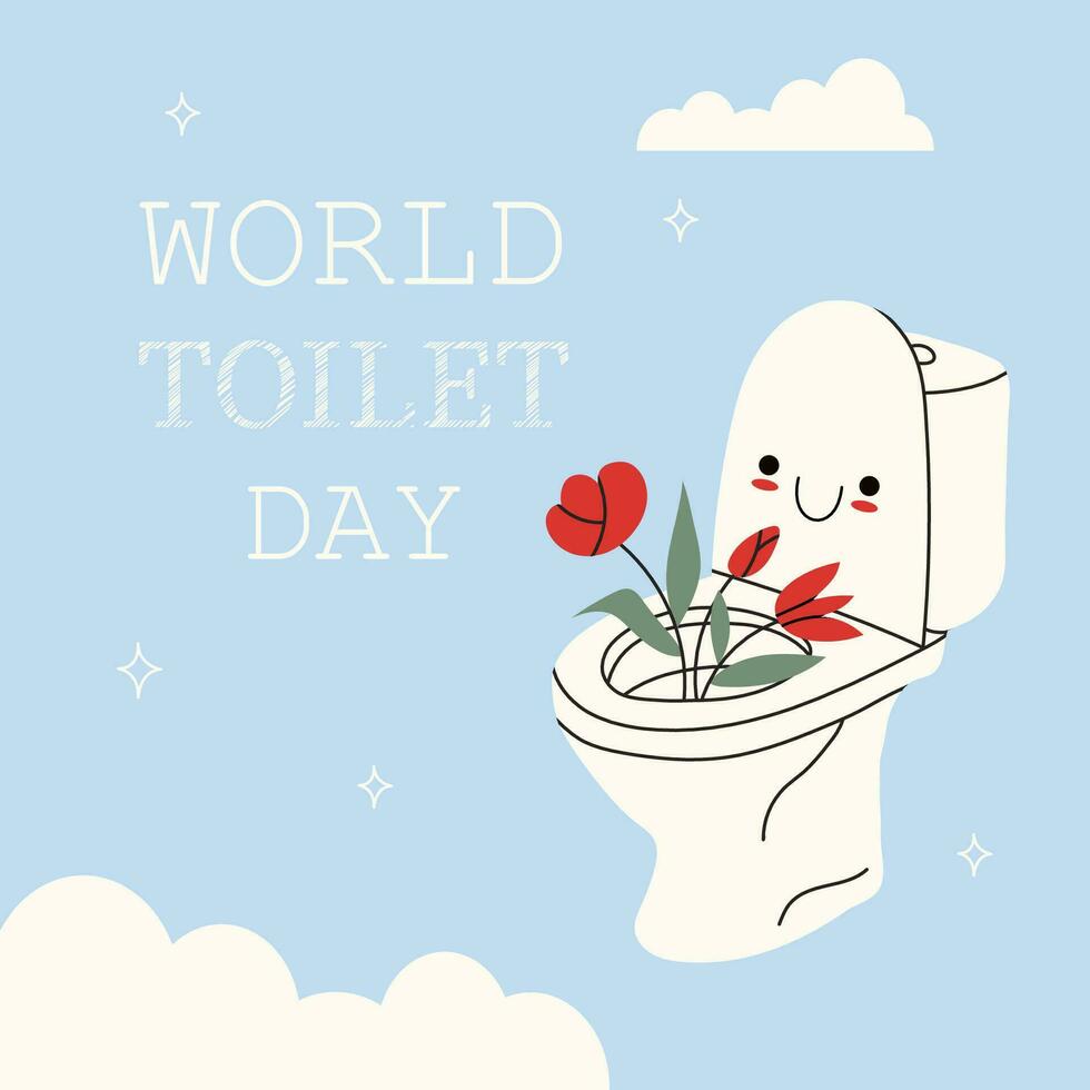 World Toilet Day. November 19. White toilet bowl with a kawaii face and flowers on a blue background with clouds. Template for background, banner, poster with text inscription. Vector llustration