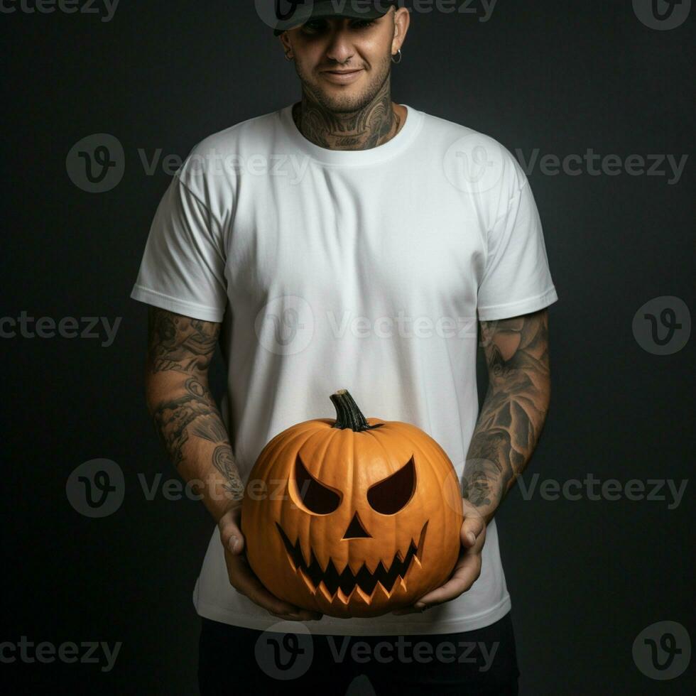 ai generativo foto de un hombre participación Víspera de Todos los Santos calabaza en mano, vistiendo un llanura blanco camiseta