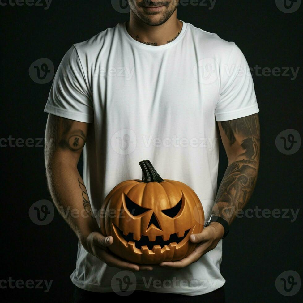 AI generative Photo of a man holding halloween pumpkin in hand, wearing a plain white t-shirt