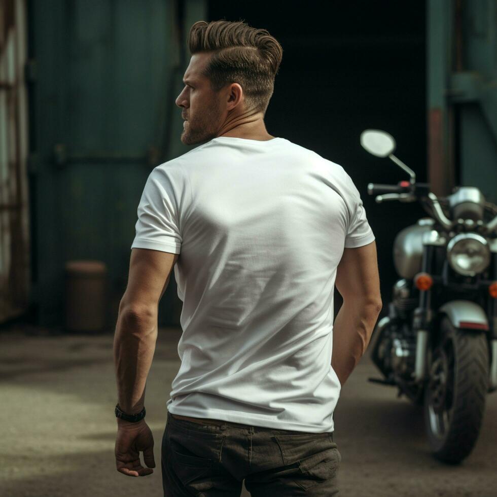 AI generative Photo of a man on the bike wearing a plain white t-shirt facing backwards