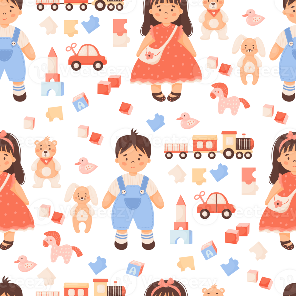 Children seamless pattern. Girl doll  girl and boy toys png