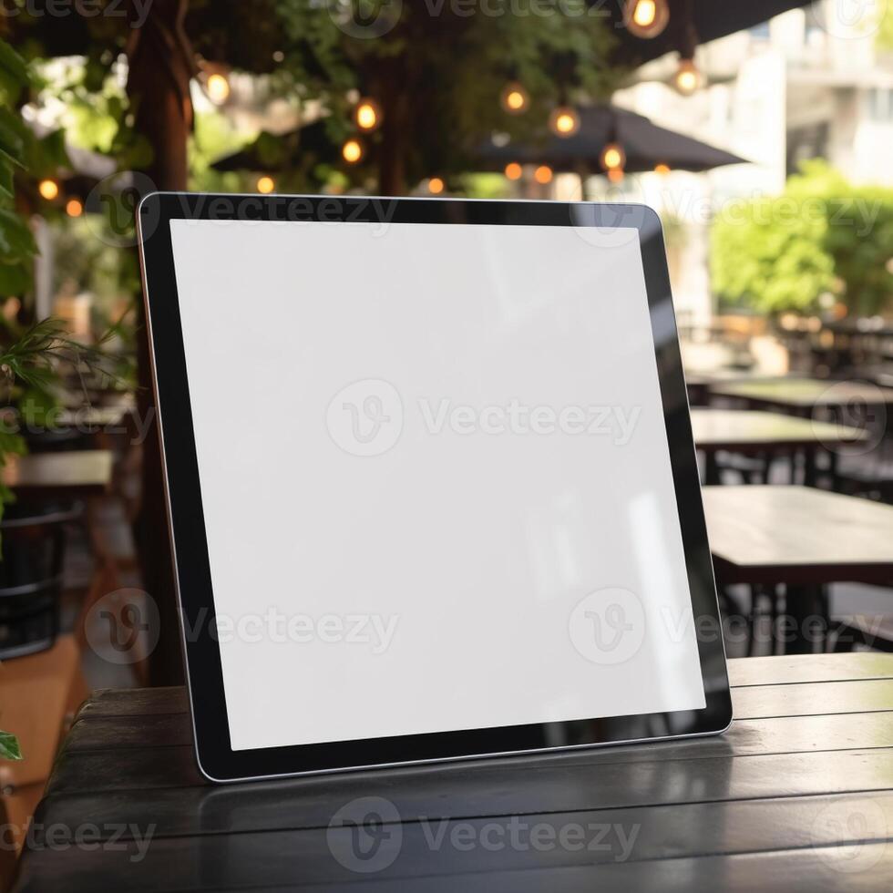 AI Generative High quality photo of big tablet with blank screen on the table, perfect to create mockup preview