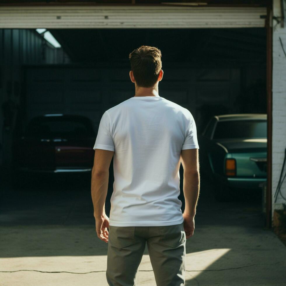 AI generative A man wearing a plain white t - shirt on the garage facing backwards, perfect to create tshirt mockup photo
