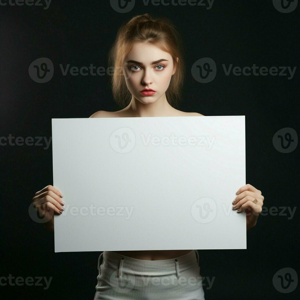 ai generado triste niña participación un blanco blanco tablero en oscuro antecedentes foto