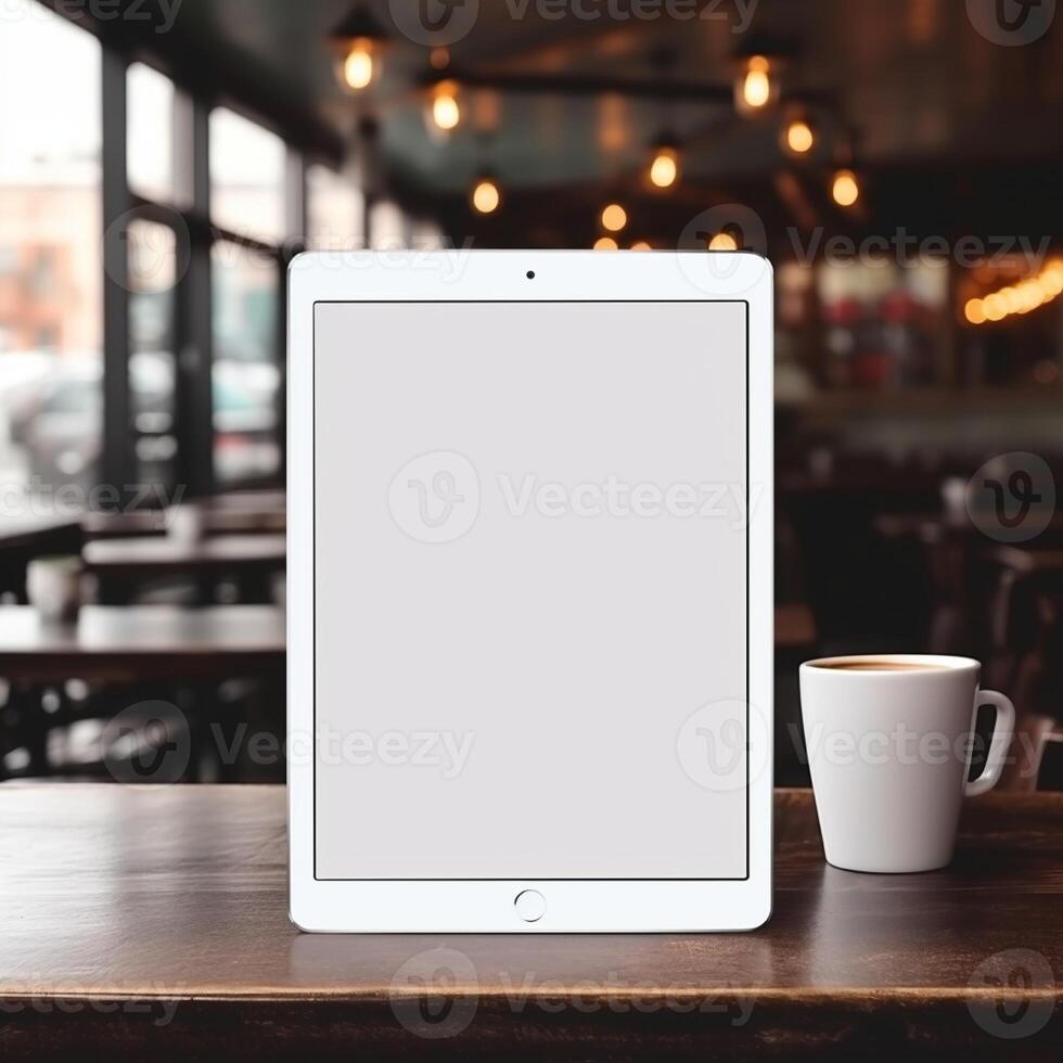 High quality photo of big tablet with blank screen on the table, perfect to create mockup preview