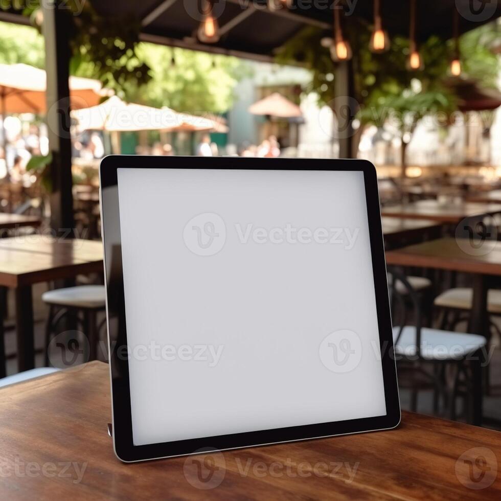 High quality photo of big tablet with blank screen on the table, perfect to create mockup preview