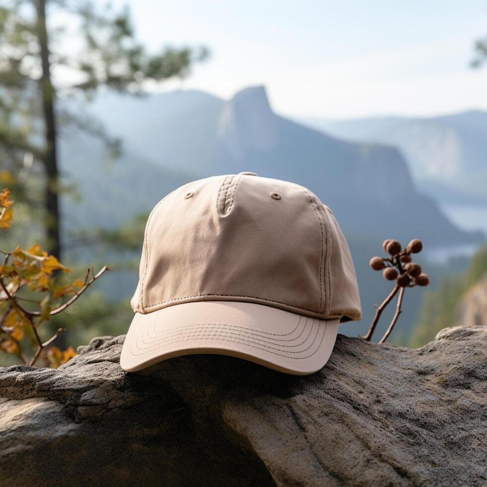 Photo of blank light brown baseball hat, ultra realistic, 8K, suitable to create hat mockup or cap mockup