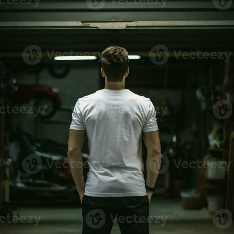 AI generative A man wearing a plain white t - shirt on the garage facing backwards, perfect to create tshirt mockup photo
