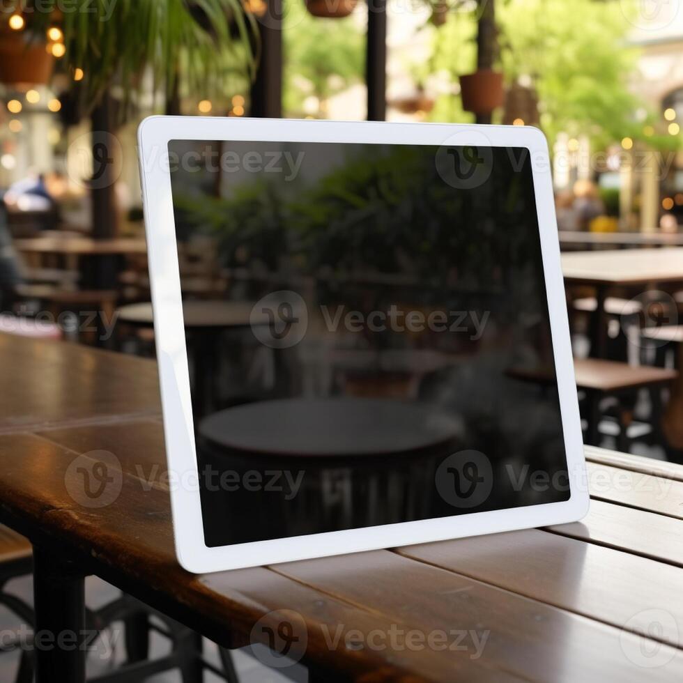 High quality photo of big tablet with blank screen on the table, perfect to create mockup preview